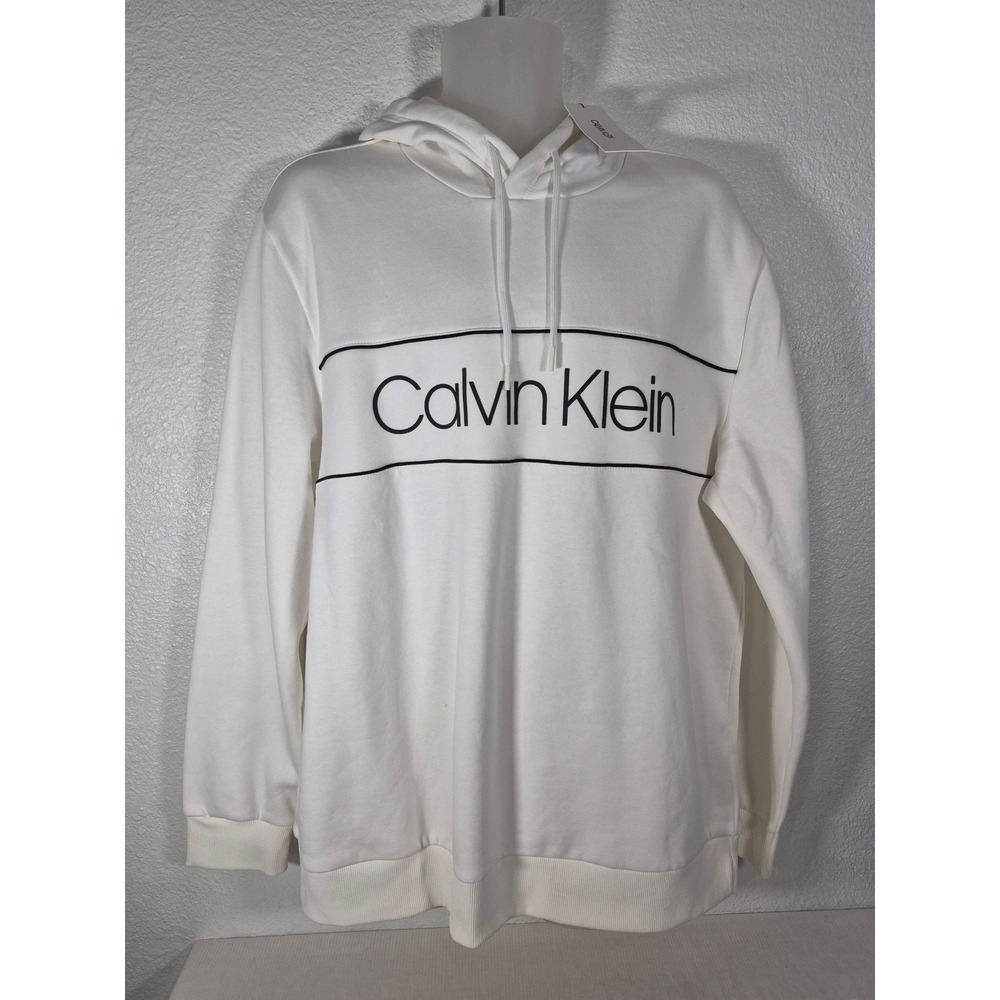 Calvin Klein Mens Logo Hoodie Brilliant White Fleece Sweatshirt XL 40430FX540
